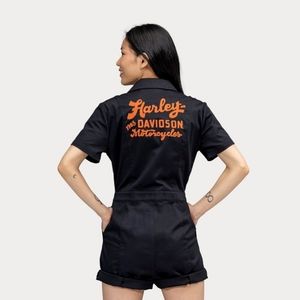Harley Davidson Flag Girl shorts jumpsuit. Black w/ Orange embroidery.